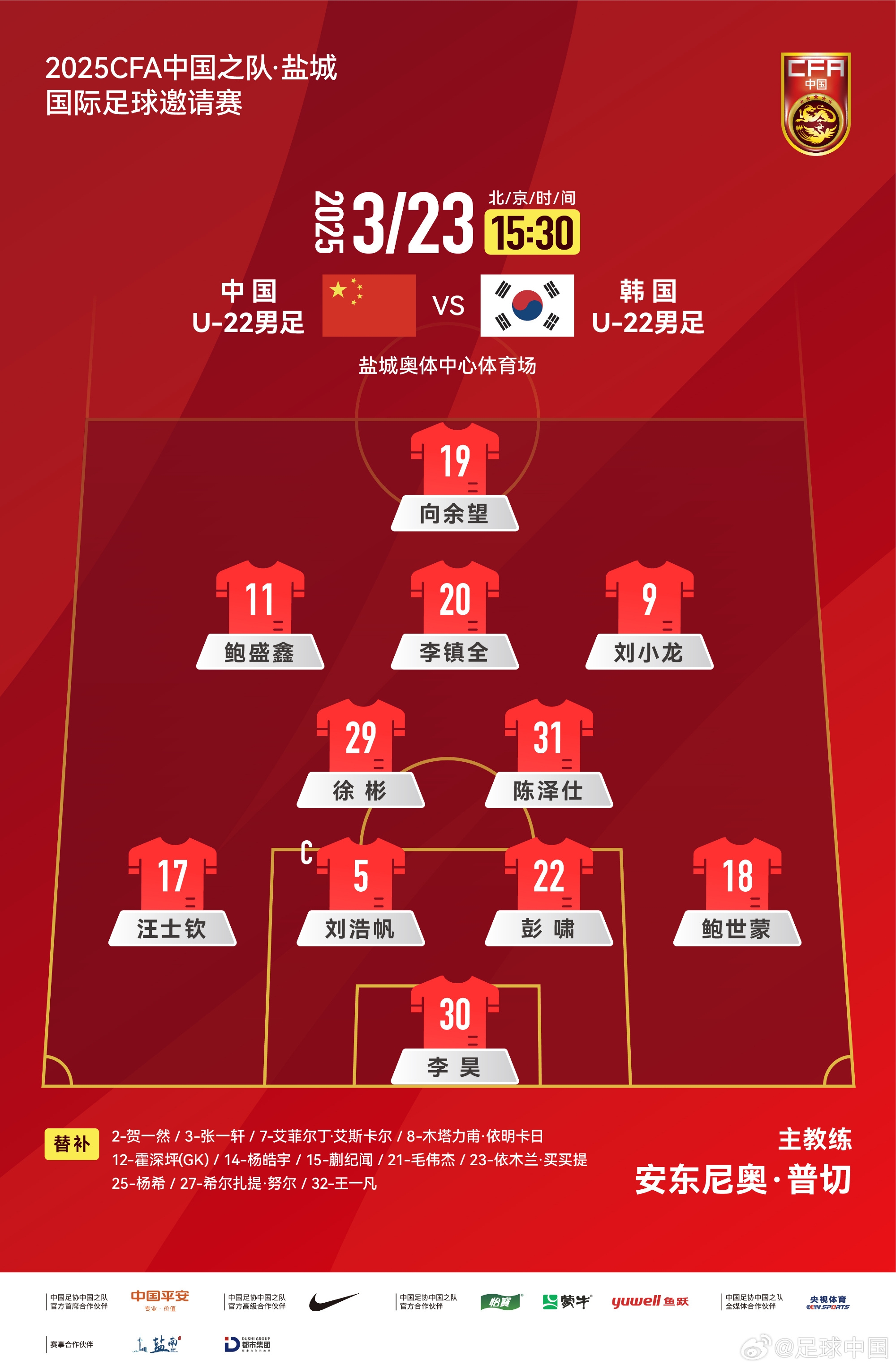鹽城四國賽，中國U-22男足對(duì)陣韓國U-22男足，中國隊(duì)首發(fā)陣容